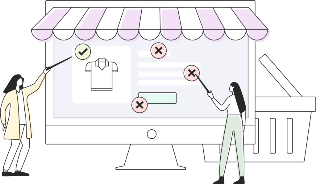 Illustration of a desktop screen with an online store on it. Two people are pointing with a stick at the incorrect and correct components.