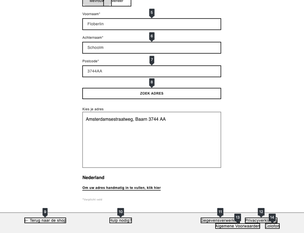 Screenshot die de (verkeerde) tabvolgorde laat zien bij het selecteren van een bezorgadres in de webwinkel van Zalando.