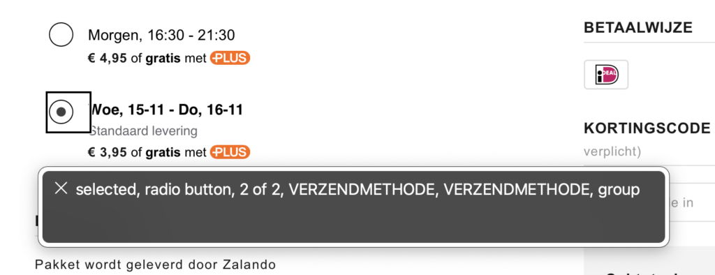 Screenshot van de verzendmethode keuze bij Zalando. VoiceOver kan niet goed voorlezen om welke verzendmethode het gaat, of wat het zal kosten.