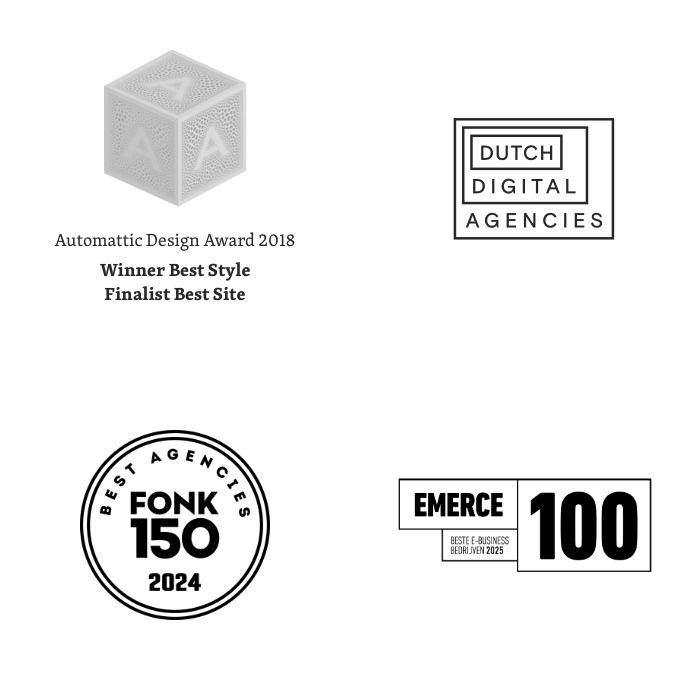 Logo Automattic Design Award, logo Dutch Digital Agencies, logo Fonk 150 2024, logo Emerce 100 beste business bedrijven