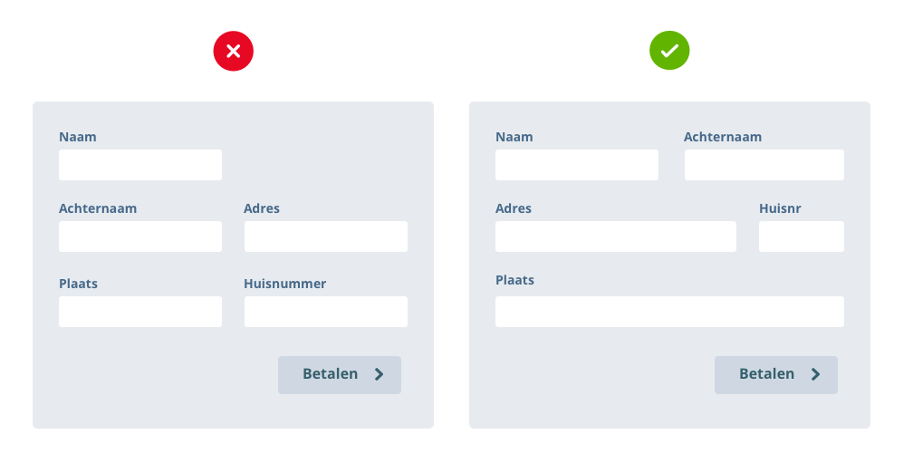 Velden in verkeerde volgorde en onlogische plaatsing versus velden in logische volgorde en correcte associatie