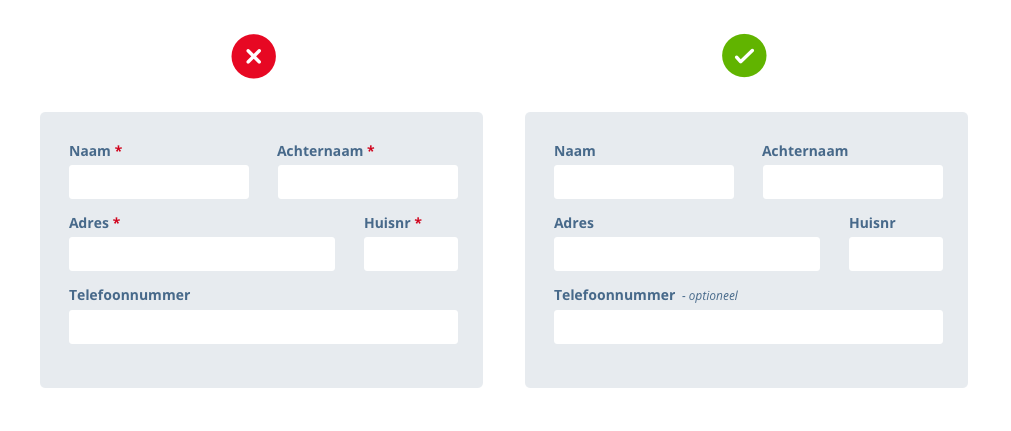 Een formulier met asterisk bij verplichte velden versus een formulier waarin alleen optioneel is gemarkeerd