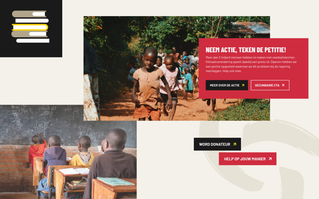 Een collage met een foto van rennende kinderen op een zandpad en een foto van leerlingen in een klaslokaal die naar een schoolbord kijken, vergezeld door een oproep om een petitie tegen voedseltekorten te tekenen.