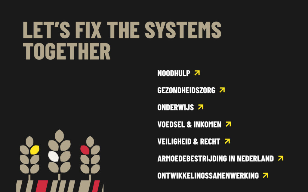 Een donker tekstblok met de titel "Let's fix the systems together" en links naar thema's als noodhulp, onderwijs, veiligheid en armoedebestrijding in Nederland.