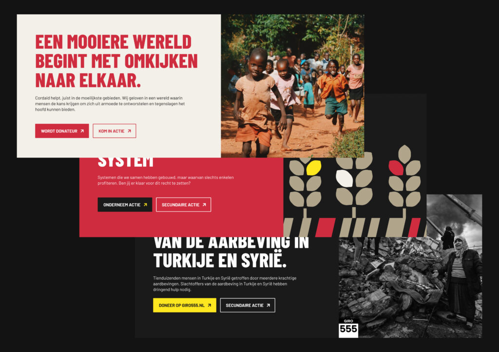 Een collage van Cordaid-campagnes. De afbeelding toont links een rode banner met de tekst "Een mooiere wereld begint met omkijken naar elkaar.", rechtsboven een foto van kinderen die rennen, en onderaan een zwart-witfoto van de nasleep van de aardbeving in Turkije en Syrië.