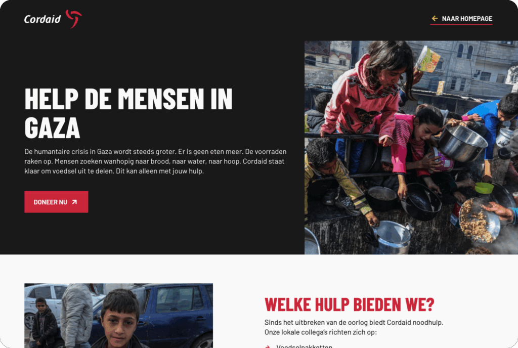 De campagne-pagina "Help de mensen in Gaza" met een foto van kinderen die voedsel verzamelen tijdens een crisissituatie.