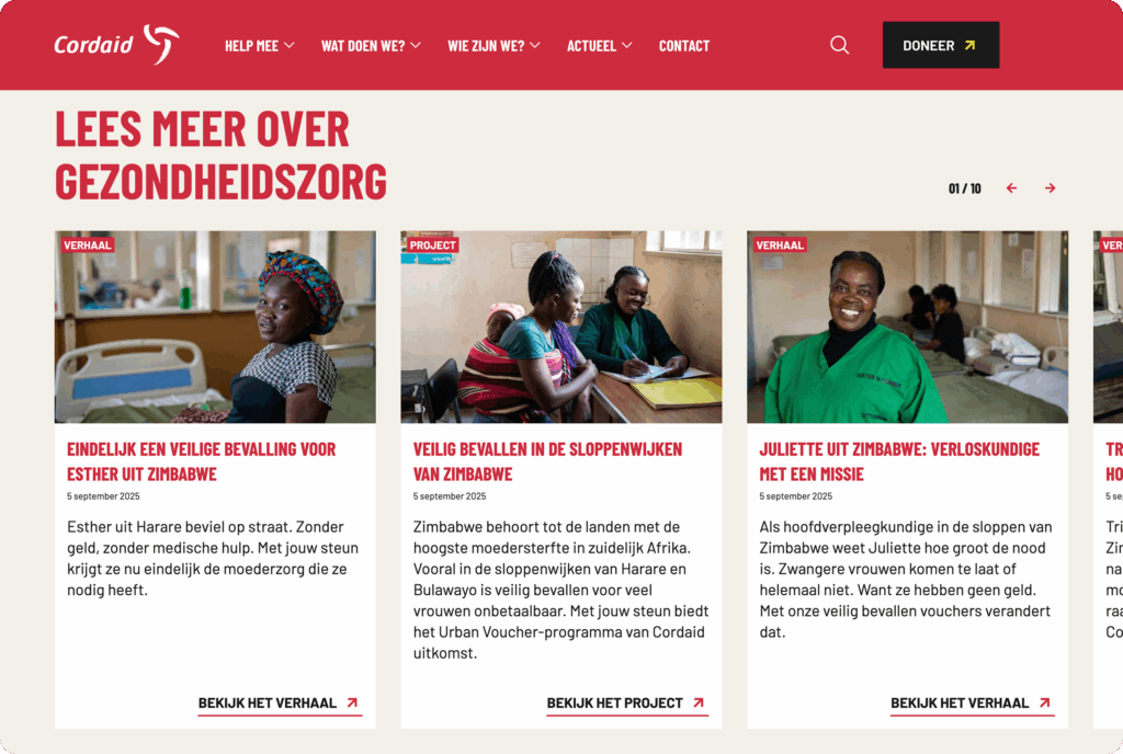 De overzichtspagina "Lees meer over Gezondheidszorg" met drie uitgelichte verhalen en projecten over veilig bevallen in Zimbabwe en een verloskundige met een missie.