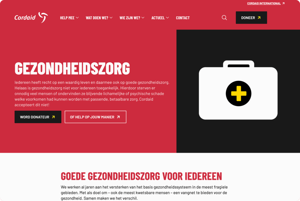 De themapagina "Gezondheidszorg" met een rode banner met tekst over het belang van toegankelijke zorg, en een illustratie van een witte EHBO-koffer met een geel plus-teken.