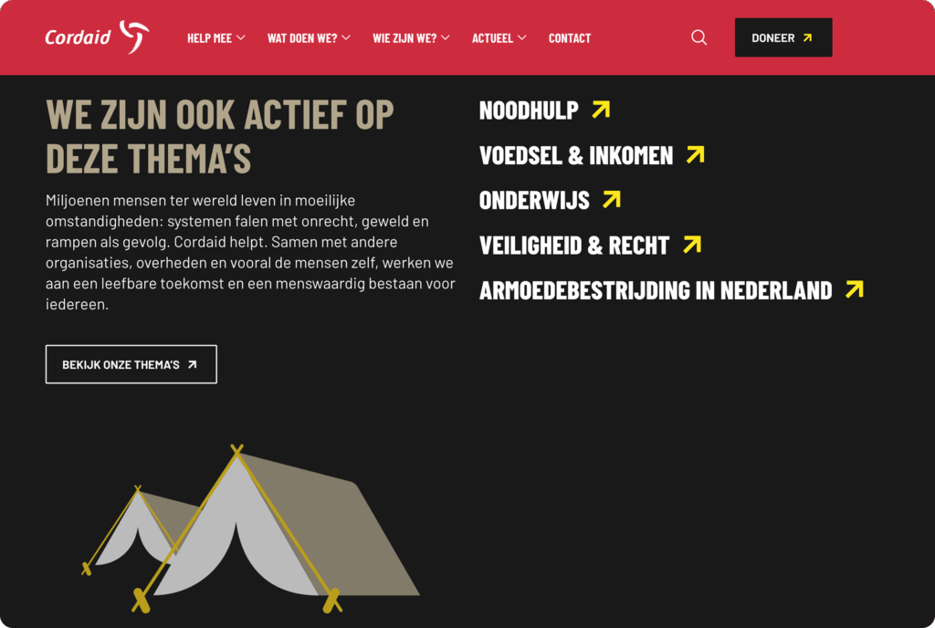 Desktop screenshot. Een pagina met de titel "We zijn ook actief op deze thema's" die de vijf hoofdpijlers van Cordaid's werk (Noodhulp, Voedsel & Inkomen, Onderwijs, Veiligheid & Recht, Armoedebestrijding in Nederland) opsomt.