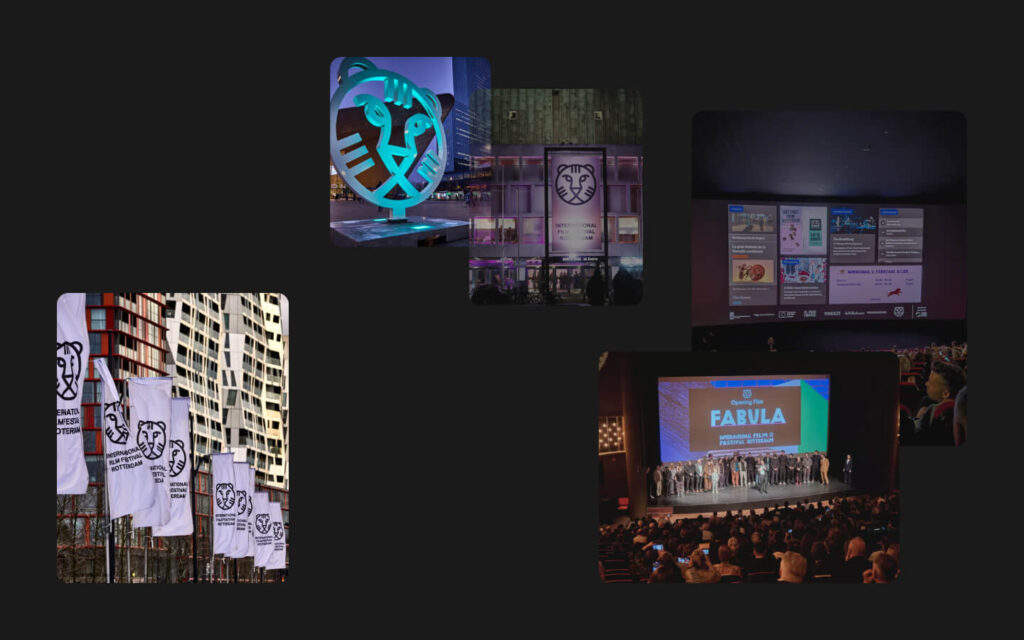 Diverse fotografie van IFFR in de stad Rotterdam, de tijger kop komt terug in beeldmerk buiten in de stad en in de daal