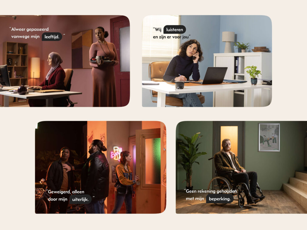 Een collage van vier scènes die verschillende vormen van discriminatie verbeelden: leeftijdsdiscriminatie op het werk, ongelijke behandeling op basis van etniciteit/uiterlijk bij een deur, en een man in een rolstoel die wordt uitgesloten.