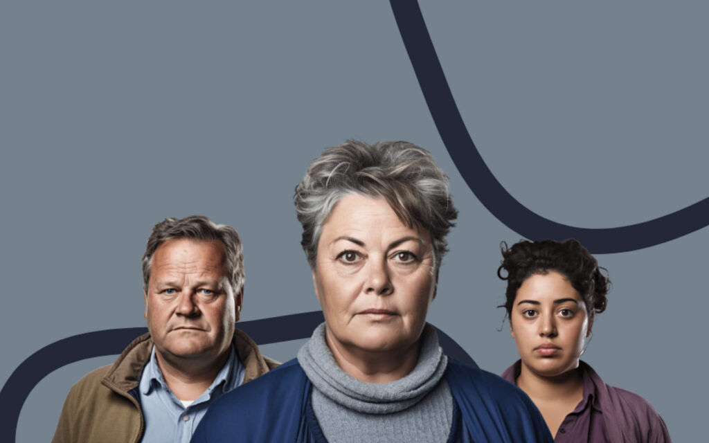 Drie personen kijken met een serieuze blik recht in de camera tegen een grijze achtergrond met abstracte donkere lijnen.