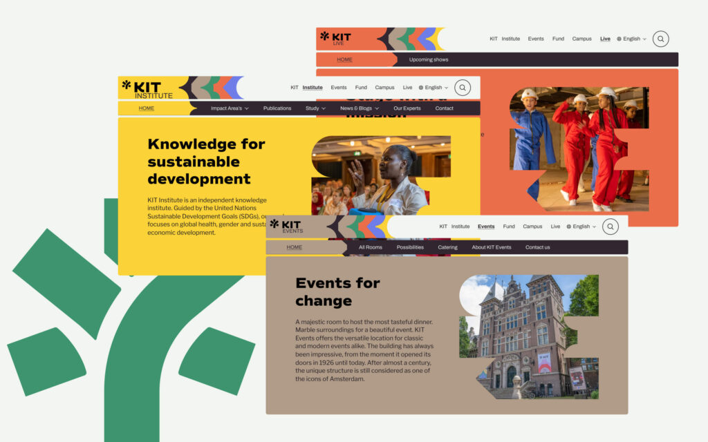 Een collage van drie website-headers van KIT: "Knowledge for sustainable development" (Institute), "Upcoming shows" (Live) en "Events for change" (Events).