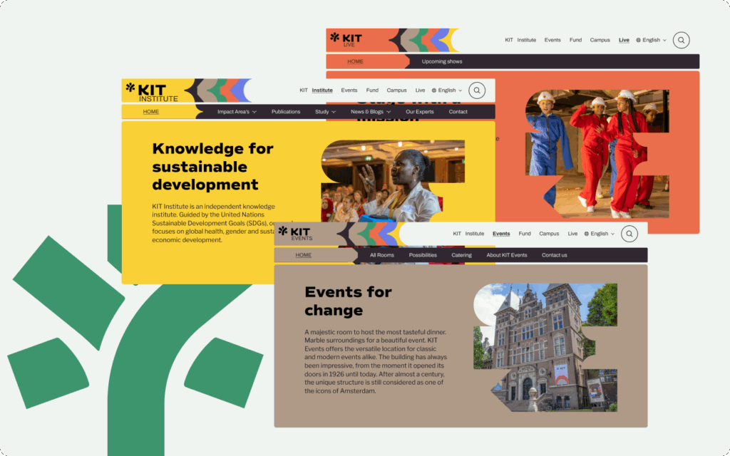 Een collage van drie website-headers van KIT: "Knowledge for sustainable development" (Institute), "Upcoming shows" (Live) en "Events for change" (Events).