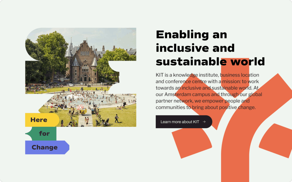 Een website-sectie met de titel "Enabling an inclusive and sustainable world" naast een foto van het KIT-gebouw gezien vanaf een drukbezocht park met een fontein.