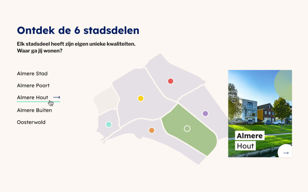 Interactieve kaart van Almere waarop de zes stadsdelen (zoals Almere Poort en Oosterwold) zijn gemarkeerd met gekleurde stippen om kavels te ontdekken.