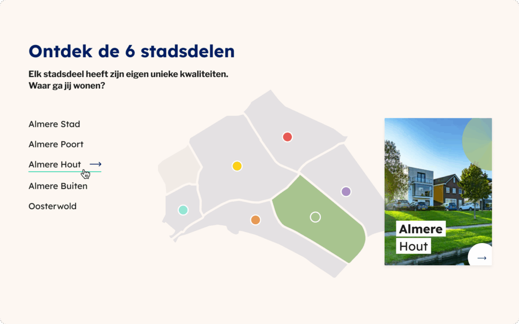 Interactieve kaart van Almere waarop de zes stadsdelen (zoals Almere Poort en Oosterwold) zijn gemarkeerd met gekleurde stippen om kavels te ontdekken.