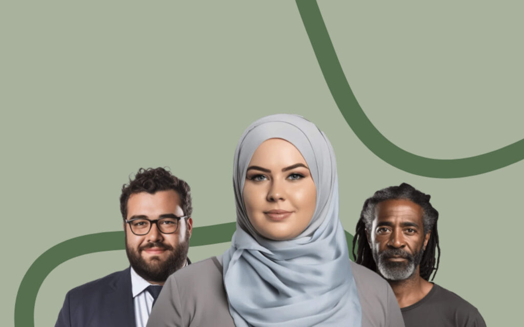 Een vrouw met een lichtblauwe hoofddoek staat centraal tussen twee mannen tegen een groene achtergrond met grafische lijnen.