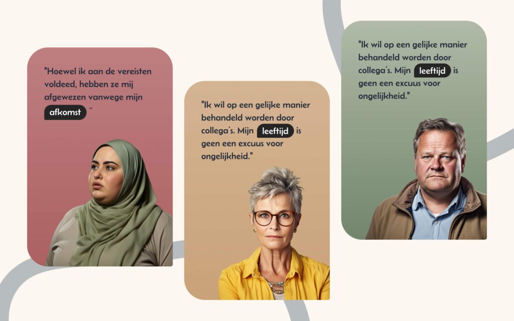 Drie tekstblokken met persoonlijke getuigenissen over uitsluiting op basis van afkomst en leeftijd, elk vergezeld van een portretfoto van de betrokkene.