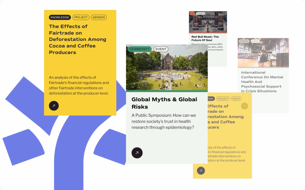 Een verzameling grafische kaarten met titels van publicaties en evenementen, zoals "The Effects of Fairtrade" en "Global Myths & Global Risks".