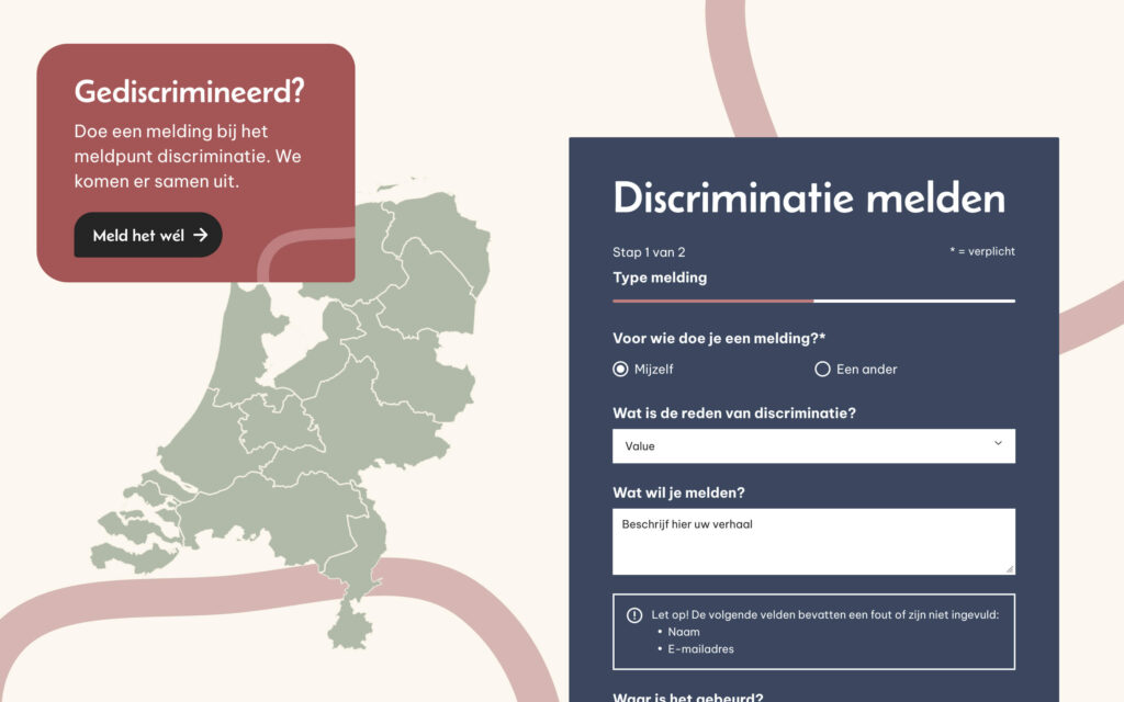 Een online formulier op de website Discriminatie.nl met de titel "Discriminatie melden", inclusief een kaart van Nederland en invulvelden voor het type melding.