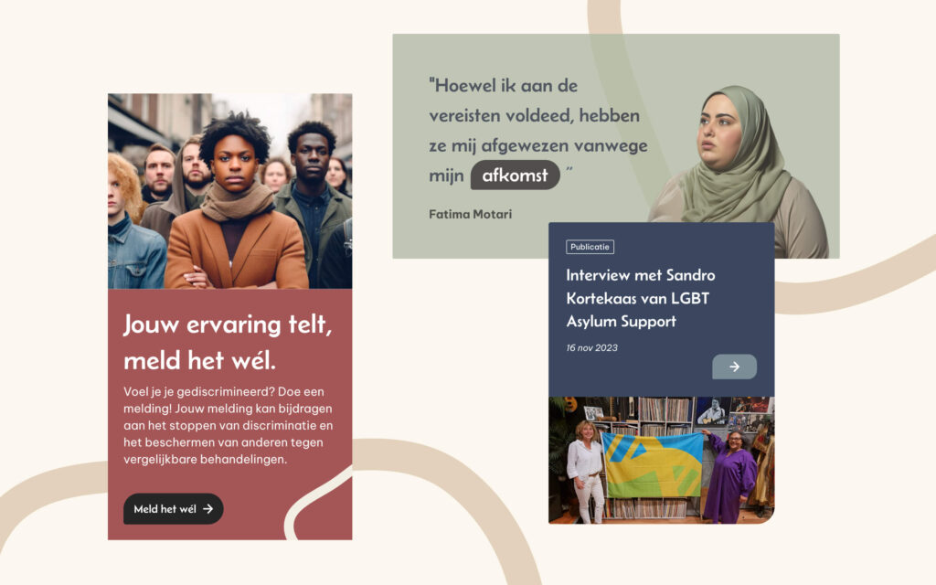 Een overzichtspagina met de tekst "Jouw ervaring telt, meld het wél", inclusief een getuigenis van Fatima Motari en een verwijzing naar een publicatie over LGBT Asylum Support.