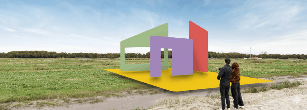 Uitstekend! Hier zijn de korte en duidelijke alt-teksten voor deze twee afbeeldingen.
Alt-teksten
Afbeelding 1: Almere Kavelwinkel_impact overview.jpg
Een man en een vrouw staan op een grasveld en kijken naar een groot, kleurrijk, abstract kunstwerk in de vorm van een huis. Het kunstwerk bestaat uit geometrische vormen in geel, blauw, rood en paars.