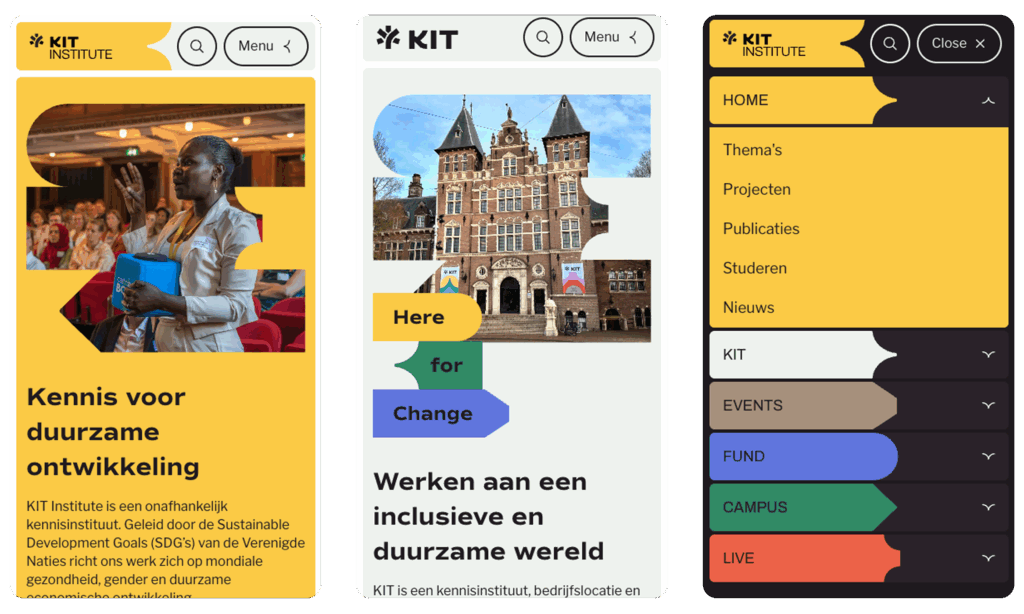 Een samengestelde afbeelding met drie mobiele screenshots van de KIT-website. De eerste toont de homepage van het KIT Institute, de tweede de homepage van KIT en de derde toont een open navigatiemenu.