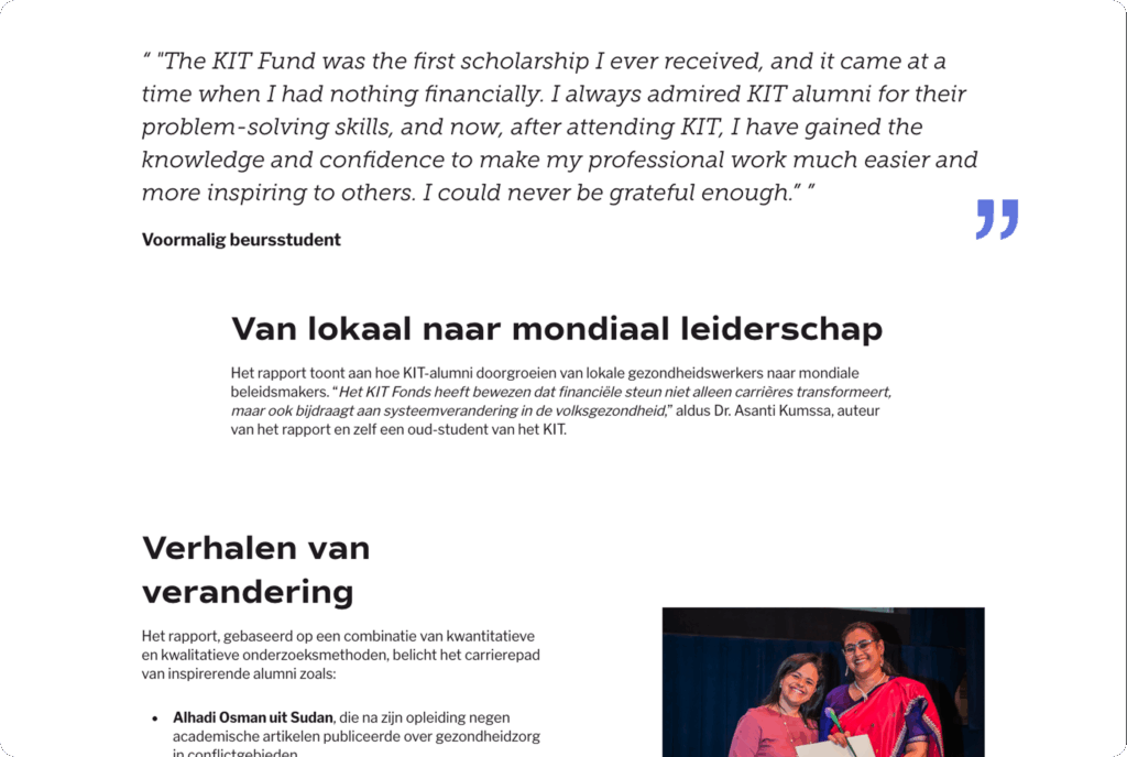 Een screenshot van de KIT-website met de titel "Van lokaal naar mondiaal leiderschap" en een citaat van een voormalige beursstudent.