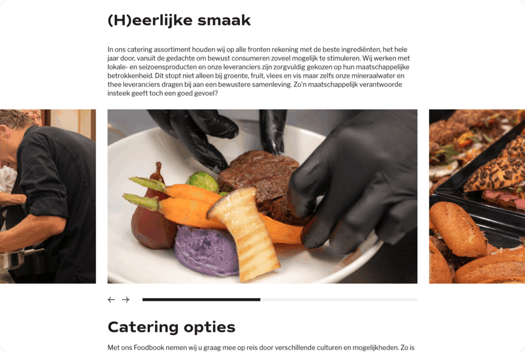 Een screenshot van een KIT Events-pagina over catering, met een carrousel van foto's die het kookproces en culinaire gerechten tonen.