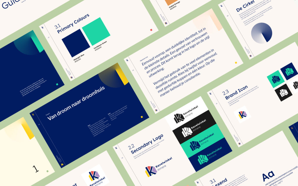 Dit is een afbeelding van de merkgids van Kavelwinkel Almere, die verschillende dia's met hun logo's, kleurenpalet en richtlijnen voor het ontwerp laat zien.