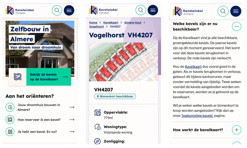 Een samengestelde afbeelding met drie mobiele screenshots: de homepage van de website, een pagina met kaveldetails en een pagina met informatie over de kavelkaart.