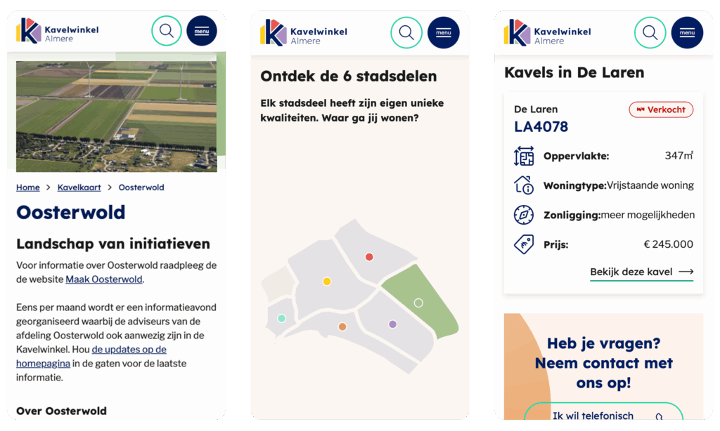 Een samengestelde afbeelding met drie mobiele screenshots die een pagina over de wijk Oosterwold tonen, een kaart van de zes stadsdelen en een kaveldetails-pagina.