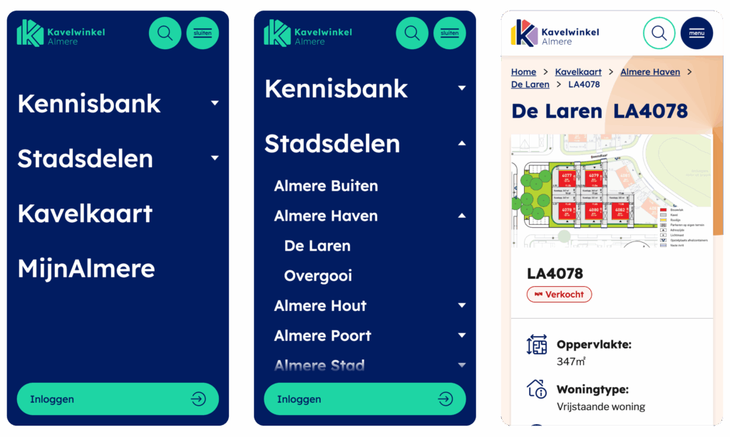 Een samengestelde afbeelding met drie mobiele screenshots die een menu met links, een submenu en een detailpagina van kavel LA4078 in de wijk De Laren laten zien.