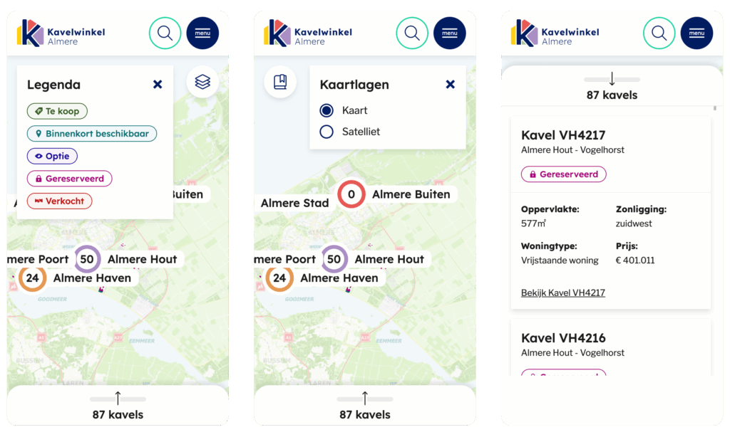 Een samengestelde afbeelding met drie mobiele screenshots die een kavelkaart met legenda, de opties voor kaartlagen en een kaveldetails-pagina tonen.