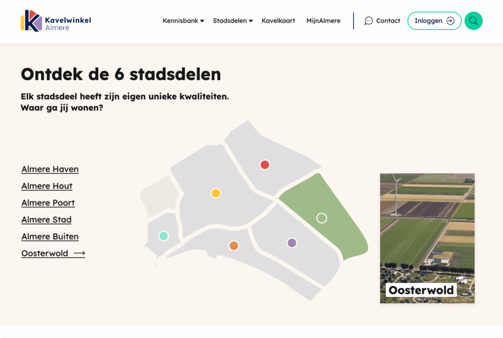 Een screenshot van de Kavelwinkel Almere-website met een kaart van de zes stadsdelen van Almere en de titel "Ontdek de 6 stadsdelen".