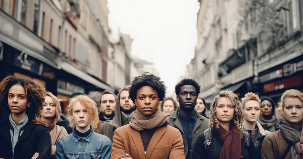 Een close-up van een diverse groep mensen, voornamelijk staand op een drukke straat, die de kijker serieus aankijkt.