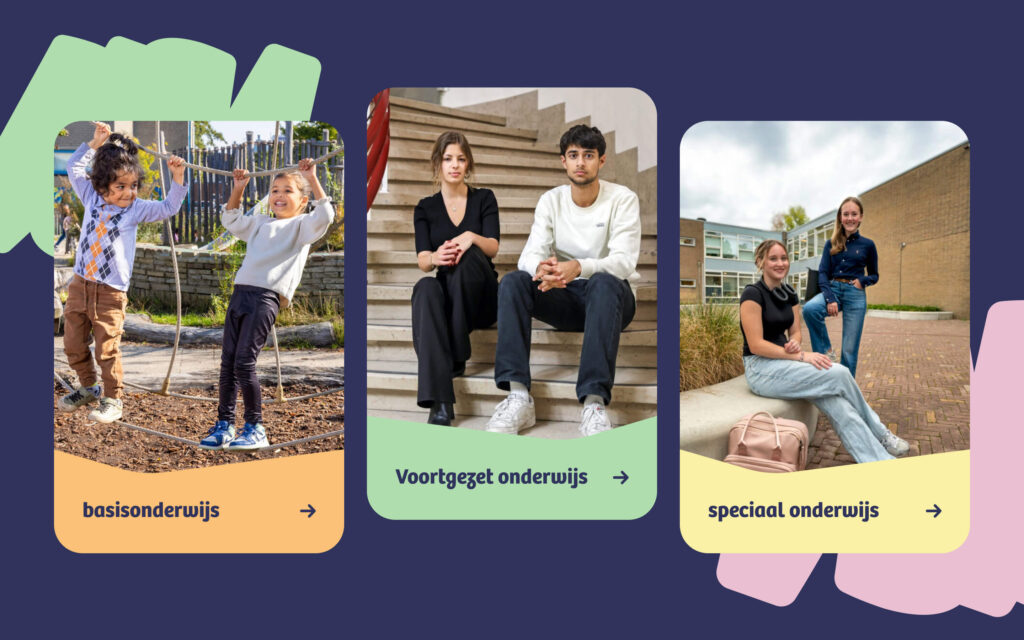 Drie grafische kaarten die de sectoren van BOOR tonen: basisonderwijs met spelende kinderen, voortgezet onderwijs met twee tieners op een trap, en speciaal onderwijs met twee leerlingen op een schoolplein.