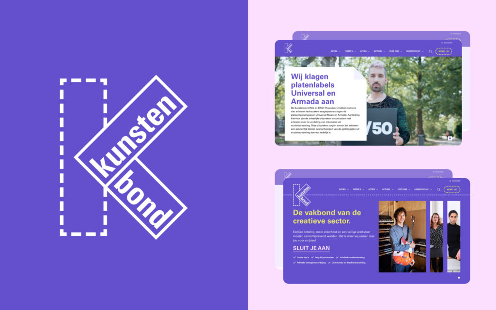 Het logo van Kunstenbond gecombineerd met twee schermen van de website; de homepage en een actiepagina.