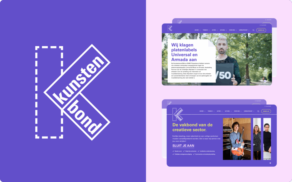 Het logo van Kunstenbond gecombineerd met twee schermen van de website; de homepage en een actiepagina.