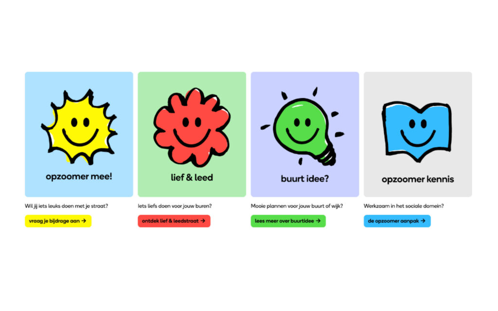 De vier kenmerkende grafische smilies van Opzoomer Mee; Oppie; Fleurie, Lampie en Slimpie. Deze staan voor de verschillende onderdelen van Opzoomer Mee.