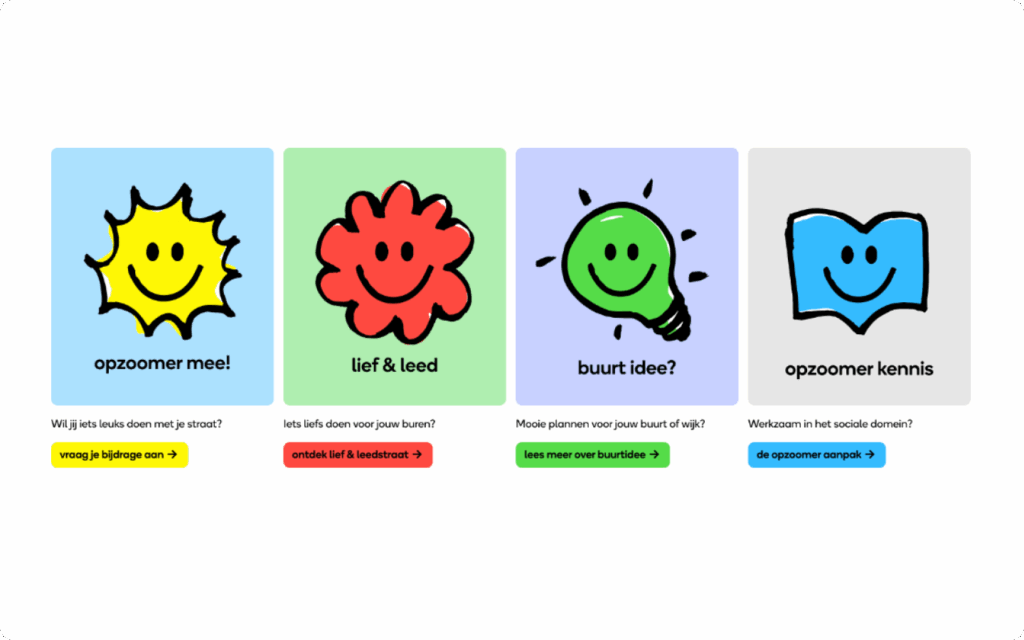 De vier kenmerkende grafische smilies van Opzoomer Mee; Oppie; Fleurie, Lampie en Slimpie. Deze staan voor de verschillende onderdelen van Opzoomer Mee.