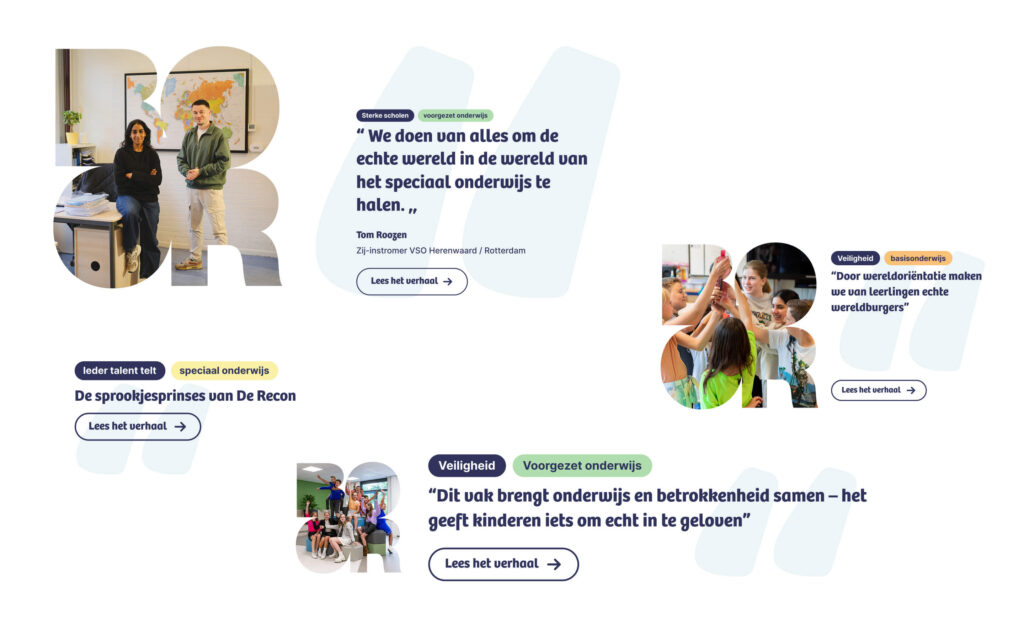 Een collage van verschillende verhalen van BOOR, waarbij foto's van medewerkers en leerlingen zijn verwerkt in de vorm van grote letters, vergezeld door citaten over wereldoriëntatie en betrokkenheid.