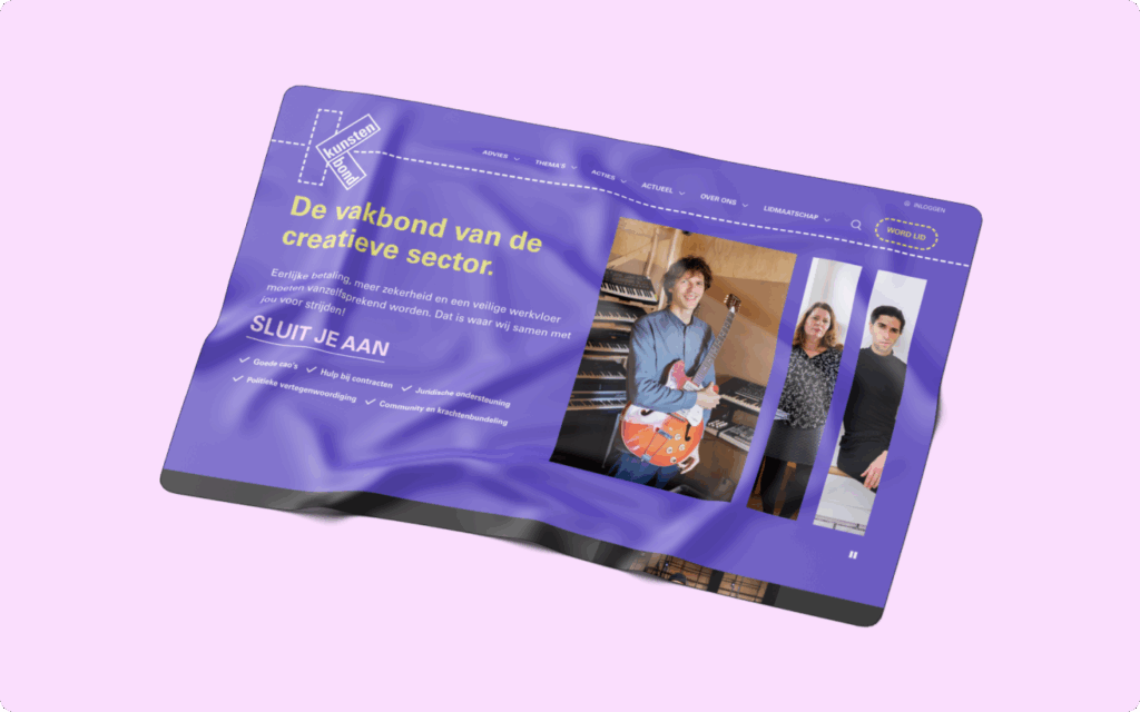 De homepage van Kunstenbond in een papieren mockup