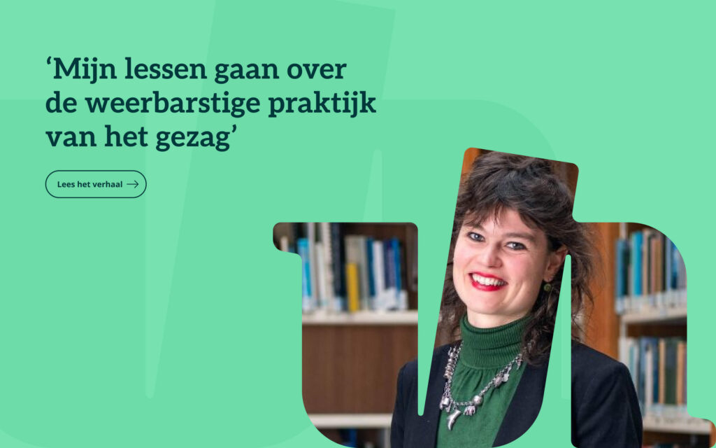 Voorbeeld van een verhaal met tekst en portret. De titel op de plaat luid: 'Mijn lessen gaan over de weerbarstige praktijk van het gezag'