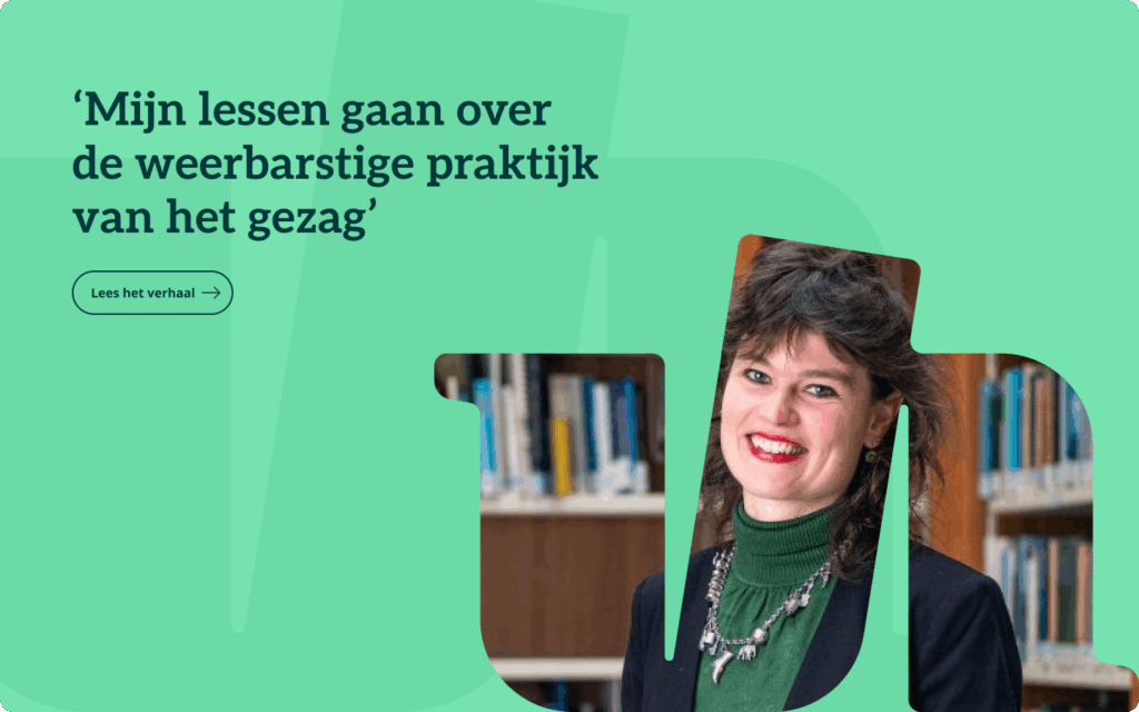 Voorbeeld van een verhaal met tekst en portret. De titel op de plaat luid: 'Mijn lessen gaan over de weerbarstige praktijk van het gezag'