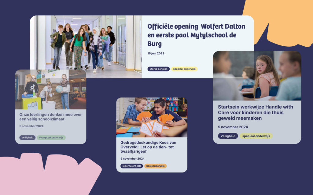 Een overzicht van nieuwsberichten op de BOOR-website over de opening van een Daltonschool, een veilig schoolklimaat en gedragsdeskundig advies.