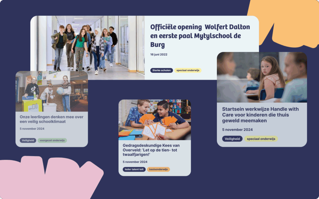 Een overzicht van nieuwsberichten op de BOOR-website over de opening van een Daltonschool, een veilig schoolklimaat en gedragsdeskundig advies.