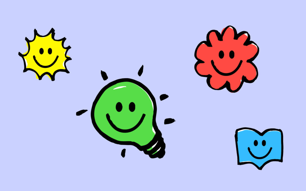 Voorbeeld van alle grafische figuren van Opzoomer Mee: Oppie (zonnetje), Lampie (gloeilamp), Fleurie (bloem) en Slimpie (boek).