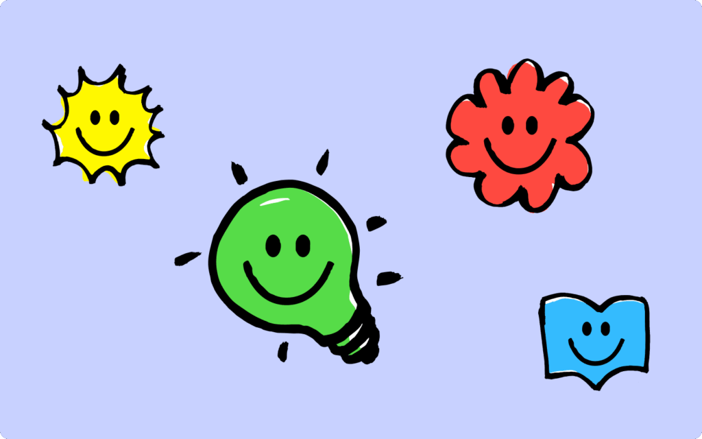 Voorbeeld van alle grafische figuren van Opzoomer Mee: Oppie (zonnetje), Lampie (gloeilamp), Fleurie (bloem) en Slimpie (boek).